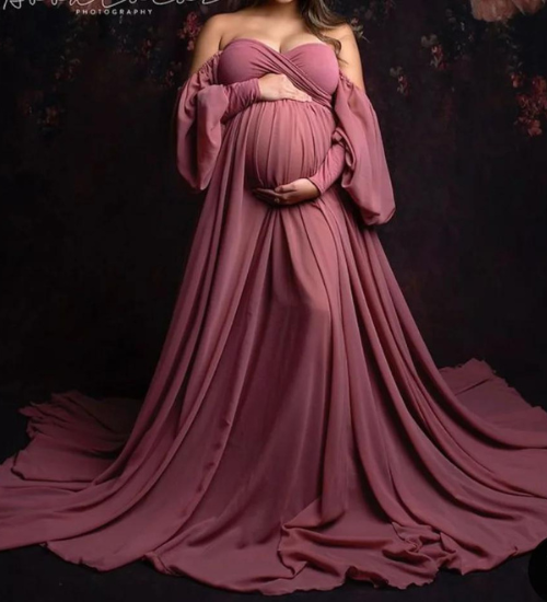 Onion Pink Balloon Sleeves Maternity Dress for Photoshoot