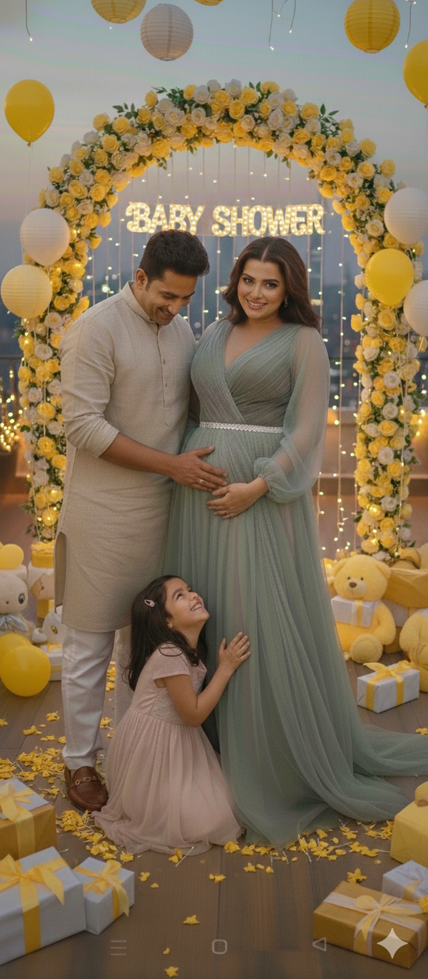 Sage Green Surplice Neck Embellished Belt Baby Shower Gown
