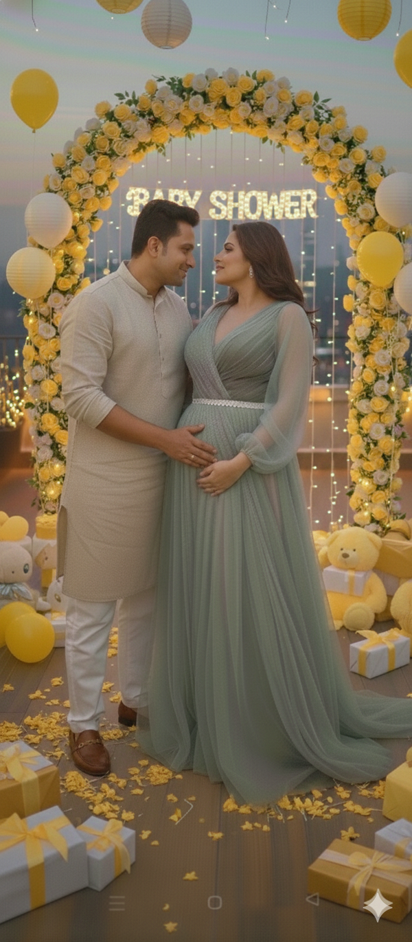 Sage Green Surplice Neck Embellished Belt Baby Shower Gown