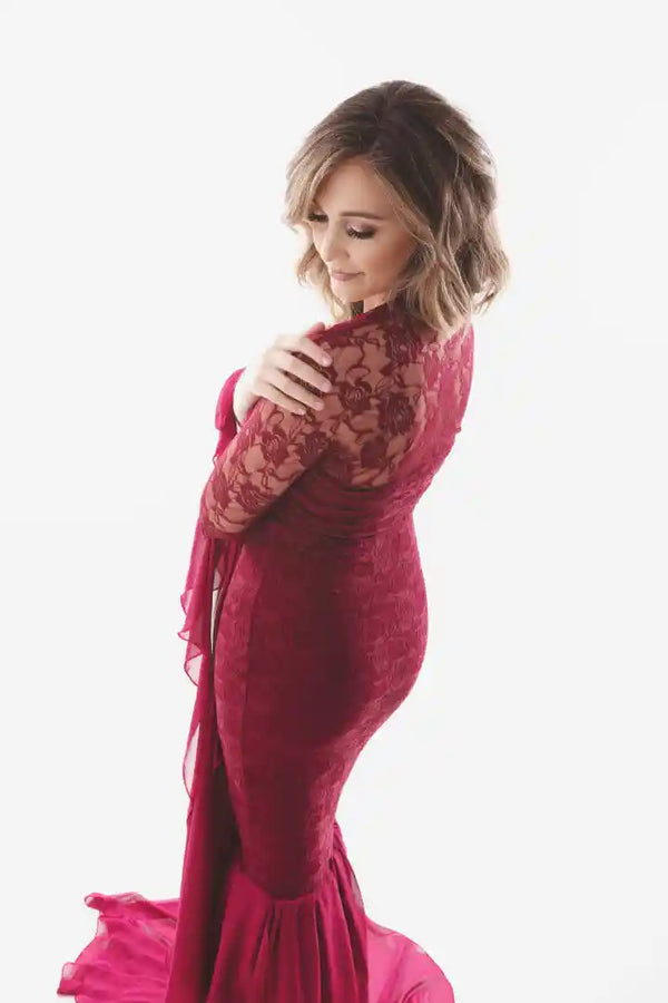Burgundy Lace Photoshoot Gown With Cape