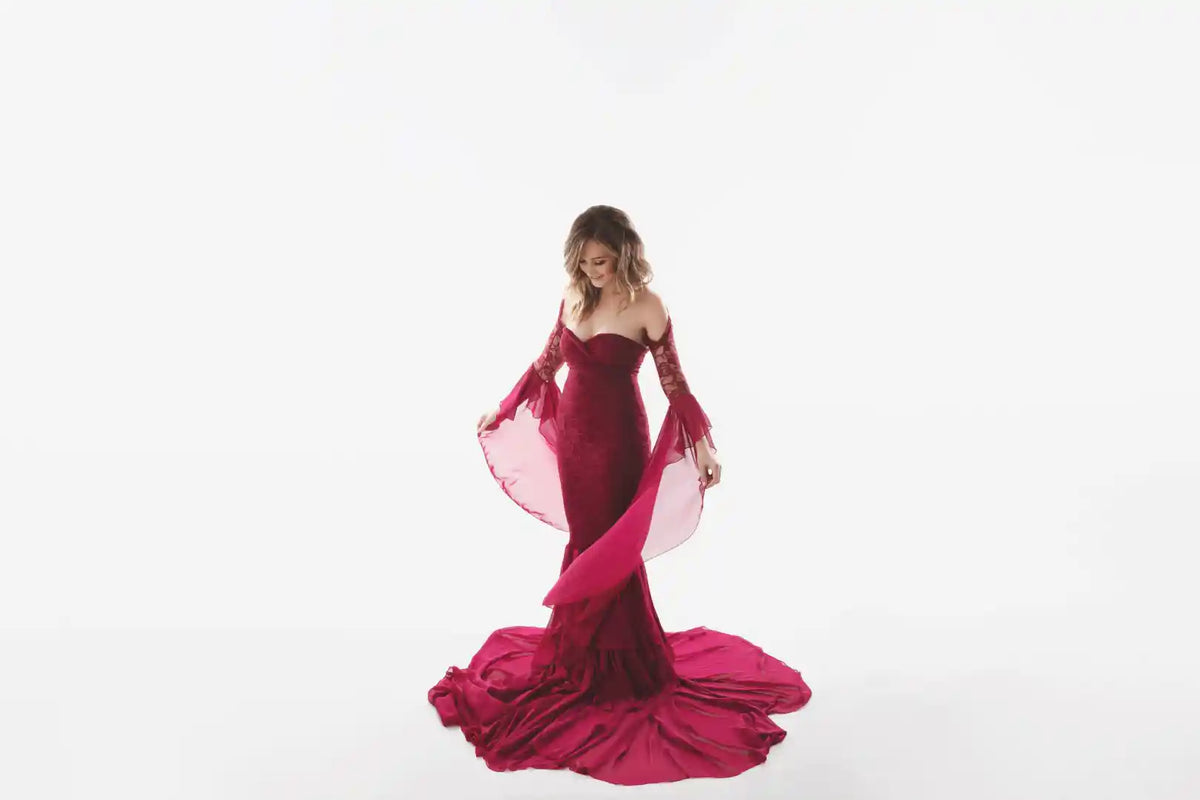 Burgundy Lace Photoshoot Gown With Cape