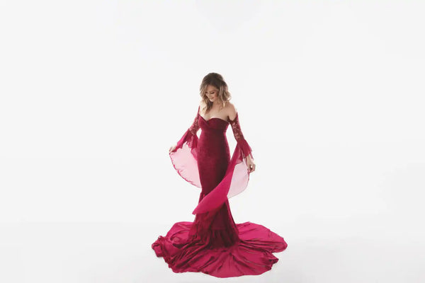 Burgundy Lace Photoshoot Gown With Cape