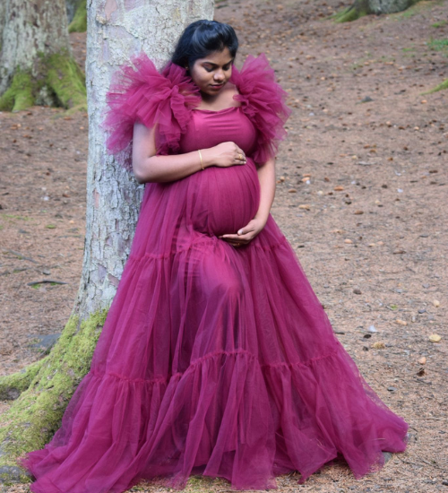 Burgundy Wine Ruffled Maternity Shoot Gown