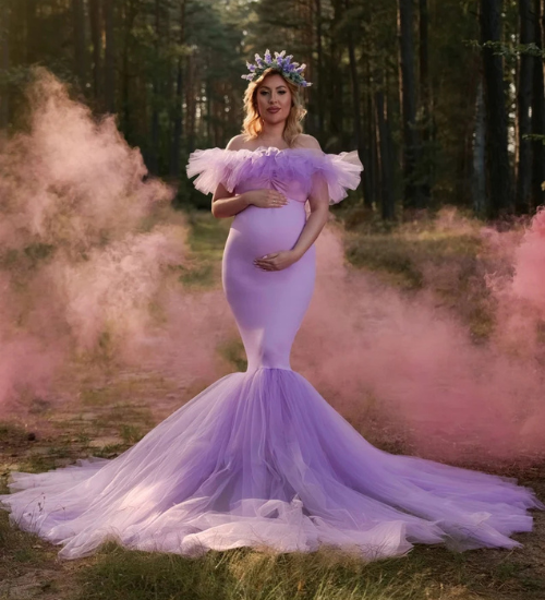 Lavender Off-Shoulder Ruffle Photoshoot Gown