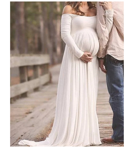 Off-White Strapless Full Sleeves Maternity Gown