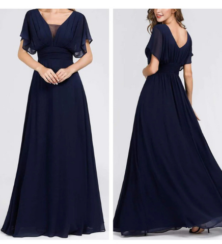 Navy Blue Cape Sleeves Flared Gown