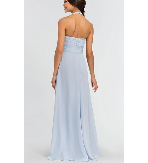 Pastel Blue Ruched Halter Maxi
