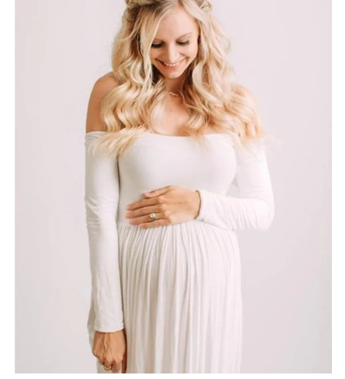 Off-White Strapless Full Sleeves Maternity Gown