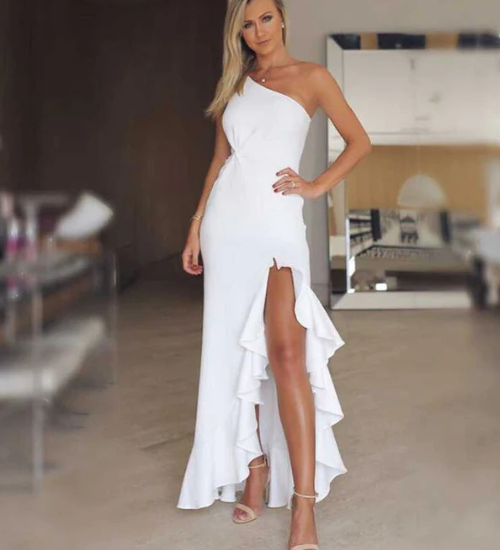 White Knotted Waist Ruffle Dress