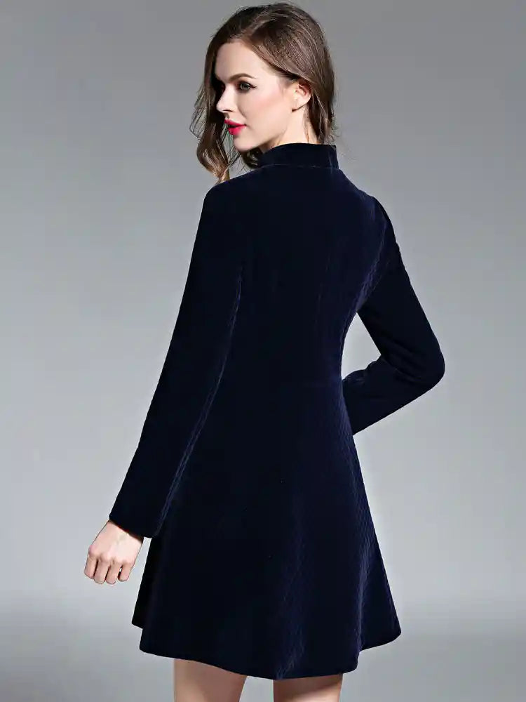 Velvet Skater Dress With Stand Collar