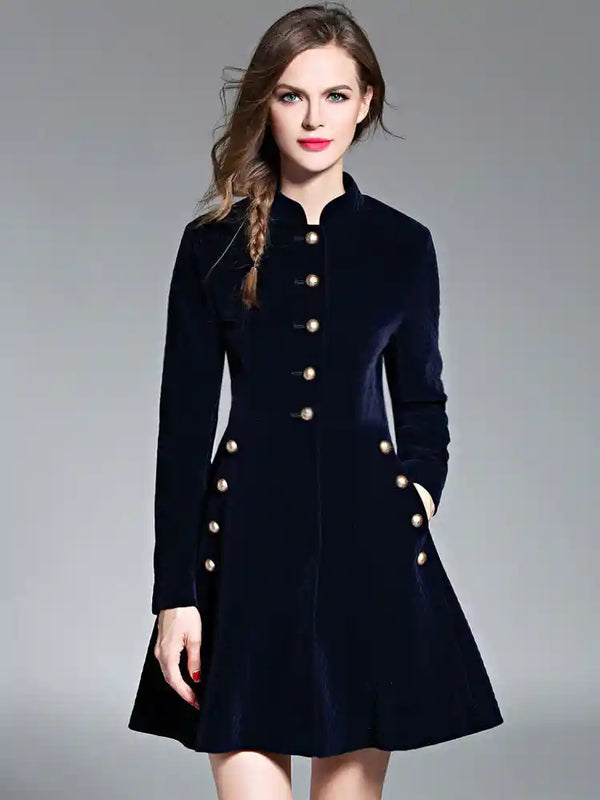 Velvet Skater Dress With Stand Collar