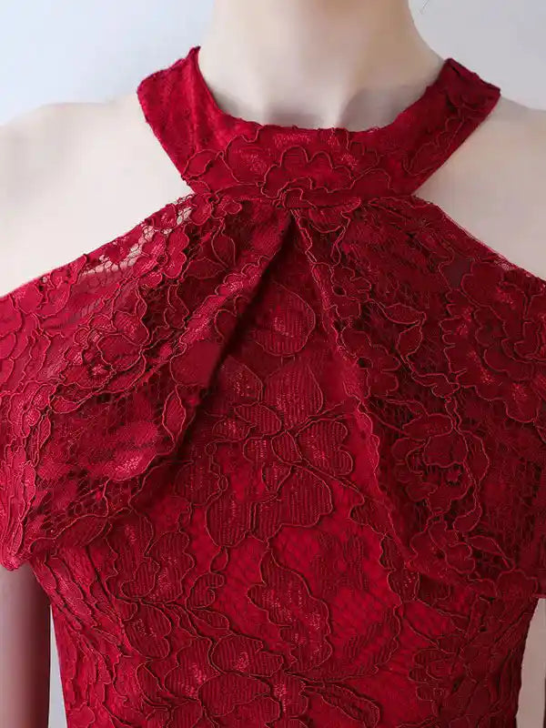 Maroon Lace Halter Neck Ccoktail Dress