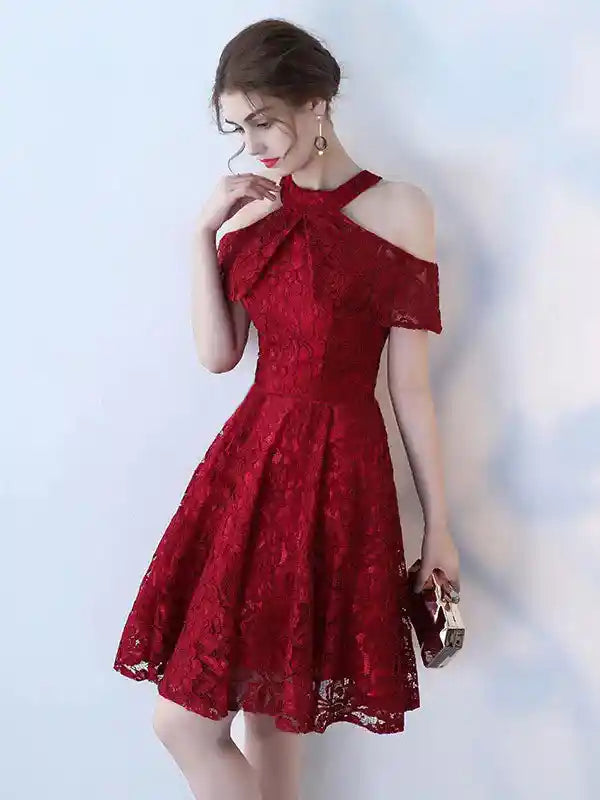 Maroon Lace Halter Neck Ccoktail Dress