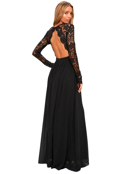 Black Lace Backless Cut-out Flared Maxi