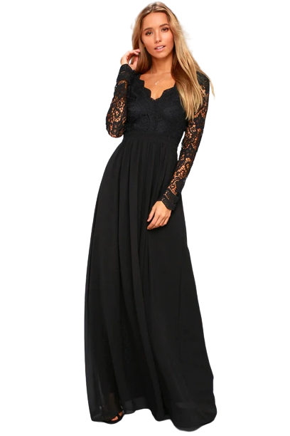 Black Lace Backless Cut-out Flared Maxi