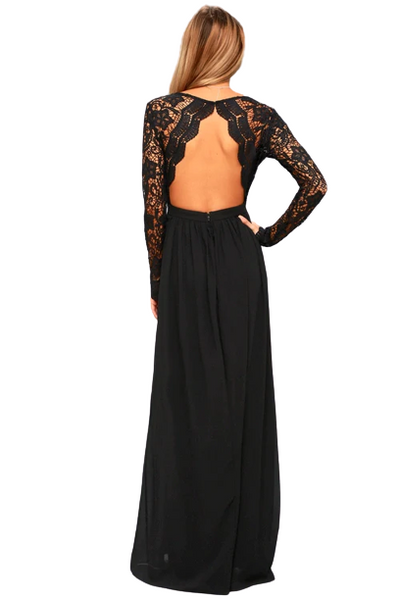 Black Lace Backless Cut-out Flared Maxi