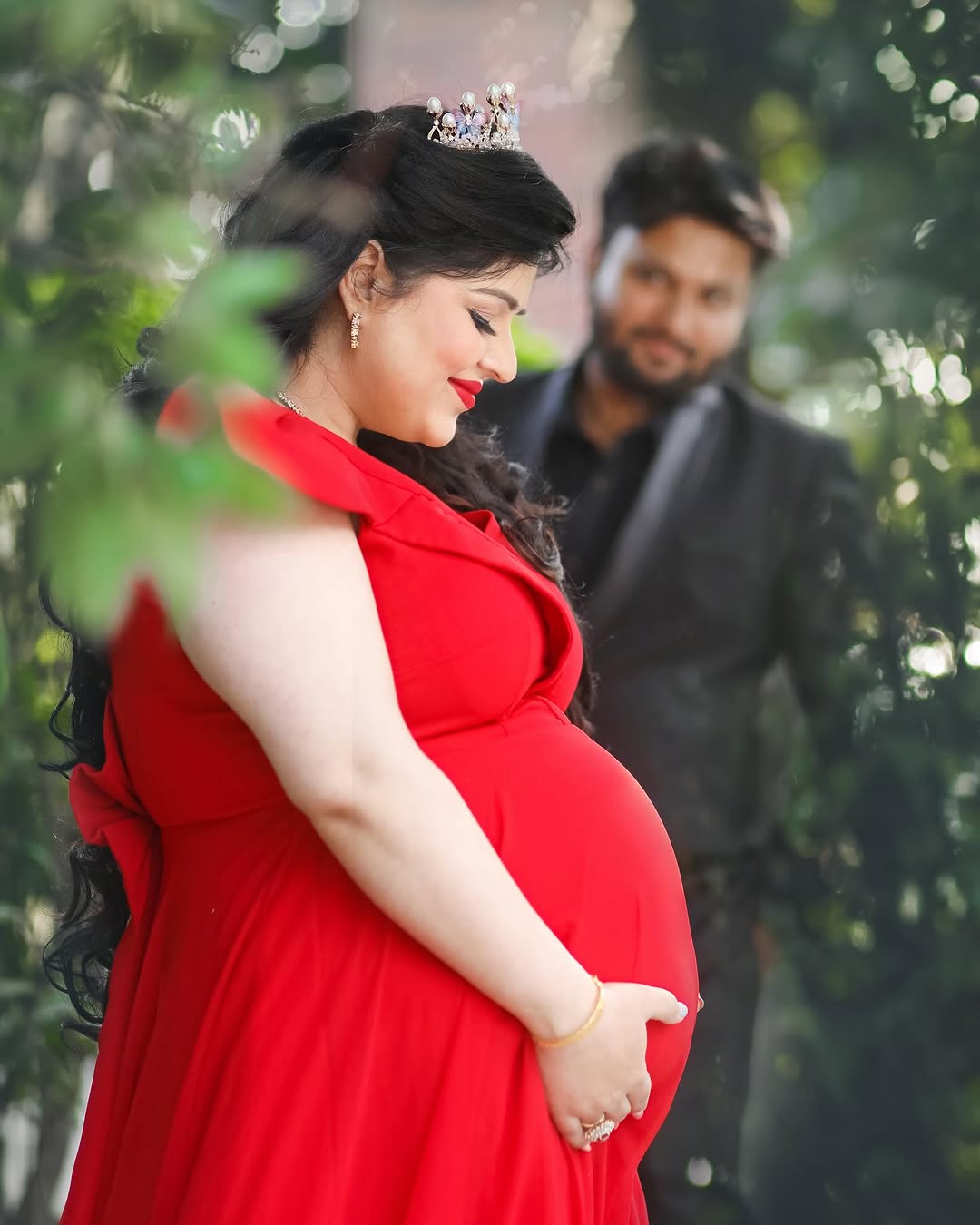 Red Baby-Shower Gown With Trail