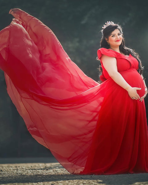 Red Baby-Shower Gown With Trail