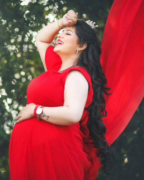 Red Baby-Shower Gown With Trail