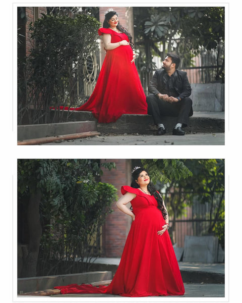 Red Baby-Shower Gown With Trail