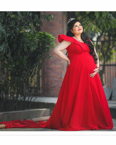 Red Baby-Shower Gown With Trail