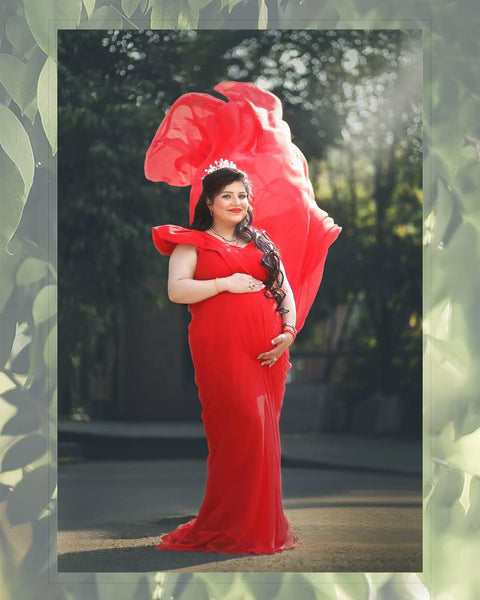 Red Baby-Shower Gown With Trail