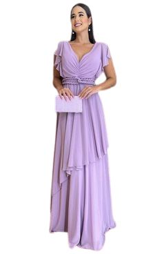 Lavender Ruched V Neck Braid Belt Layered Maxi