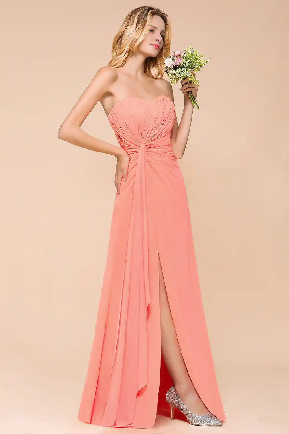 Coral Ruched Knot Off-Shoulder Slit Dress