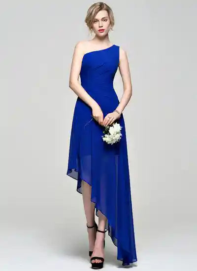 Royal Blue One-Shoulder Asymmetrical Chiffon Bridesmaid Dress With Ruffle