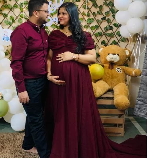 Maroon Wine Butterfly Wings Maternity Shoot Trail Gown