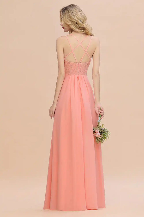 Sexy Spaghetti Strap Coral Lace Bridesmaid Dress