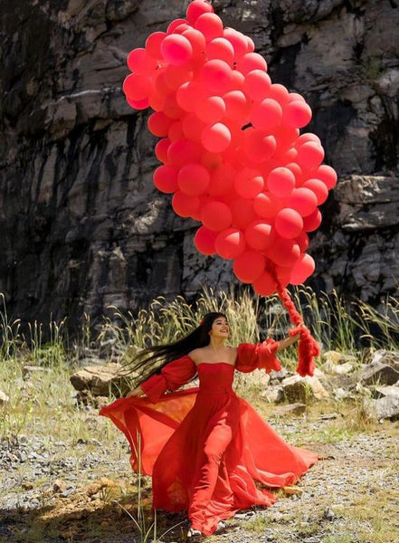 Red Off-Shoulder Balloon Sleeves Trail Gown