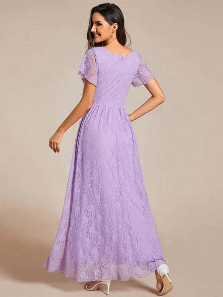 Lavender Ruched V Neck Lace Maxi