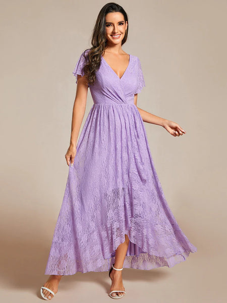 Lavender Ruched V Neck Lace Maxi