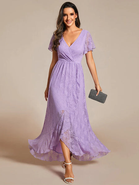 Lavender Ruched V Neck Lace Maxi