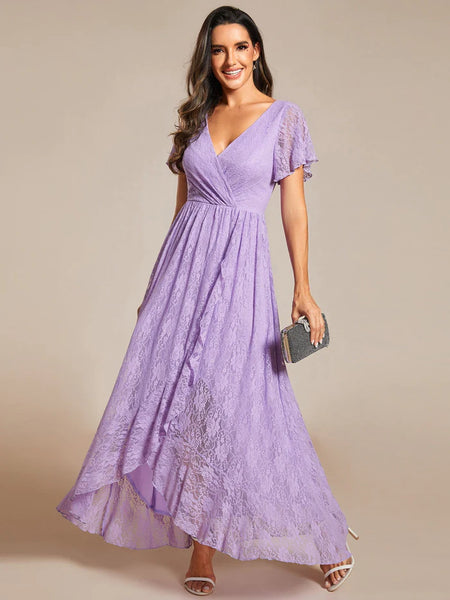 Lavender Ruched V Neck Lace Maxi