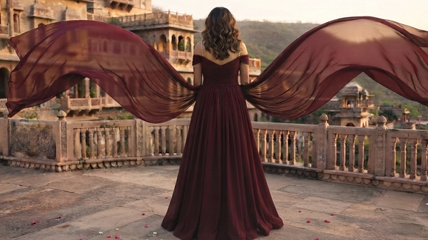 Maroon-Wine Butterfly Wings Pre-Wedding Tail Gown