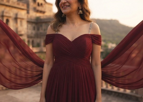 Maroon-Wine Butterfly Wings Pre-Wedding Tail Gown