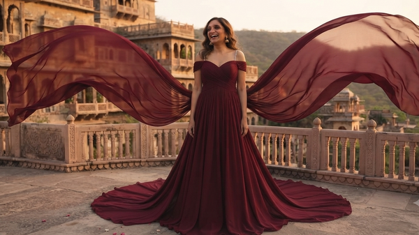 Maroon-Wine Butterfly Wings Pre-Wedding Tail Gown
