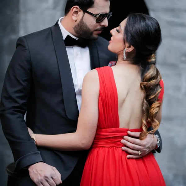 Red V Neck Ruched Backless Pre-Wedding Gown