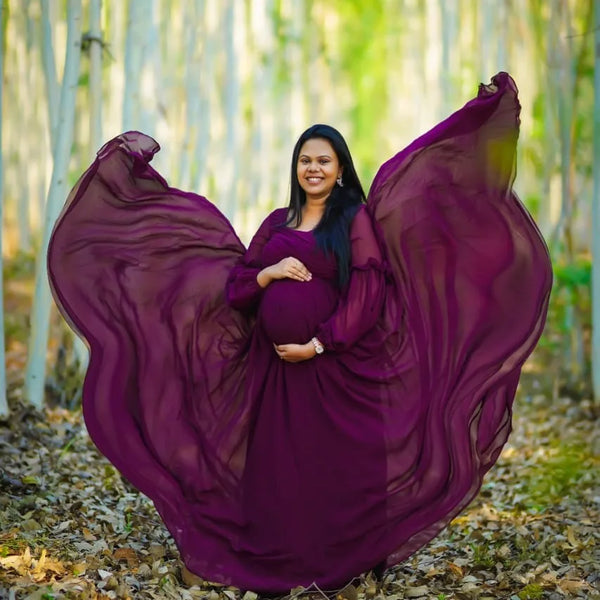 Burgundy Wine Balloon Sleeves Maternity Gown