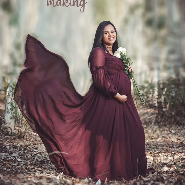 Burgundy Wine Balloon Sleeves Maternity Gown