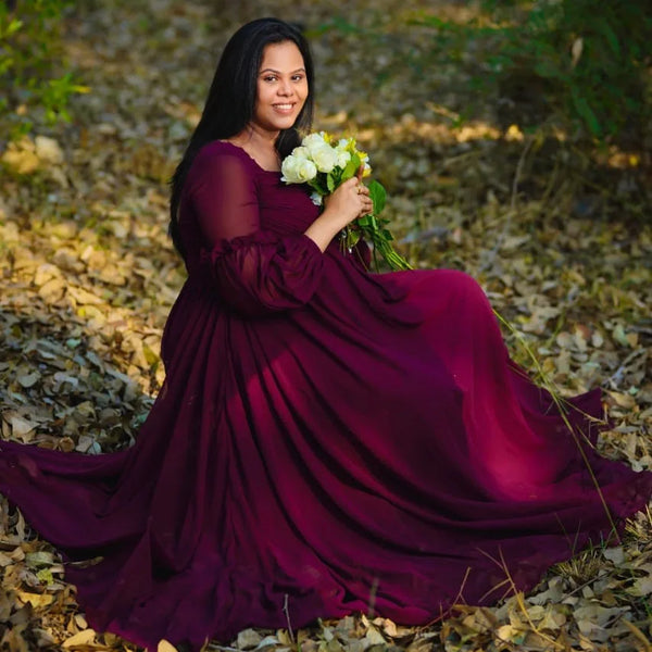 Burgundy Wine Balloon Sleeves Maternity Gown