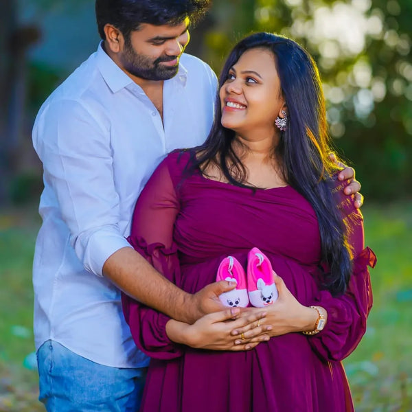 Burgundy Wine Balloon Sleeves Maternity Gown