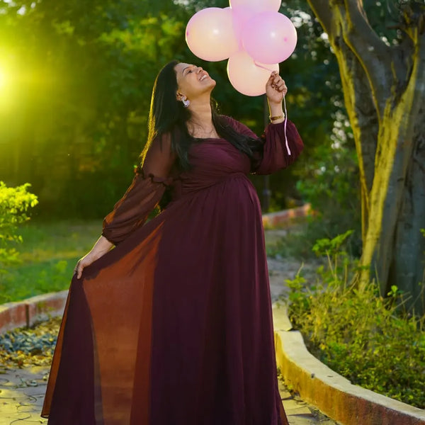 Burgundy Wine Balloon Sleeves Maternity Gown