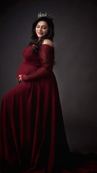 Maroon V-Neck Baby Shower Trail Gown