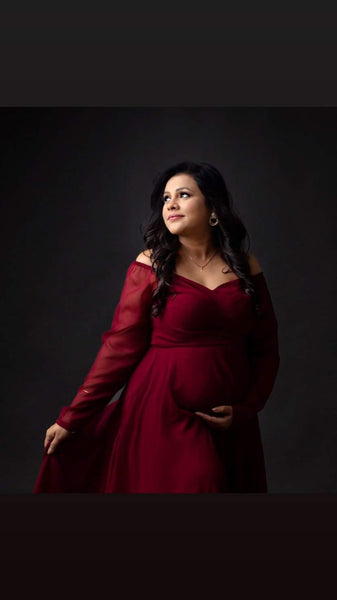 Maroon V-Neck Baby Shower Trail Gown