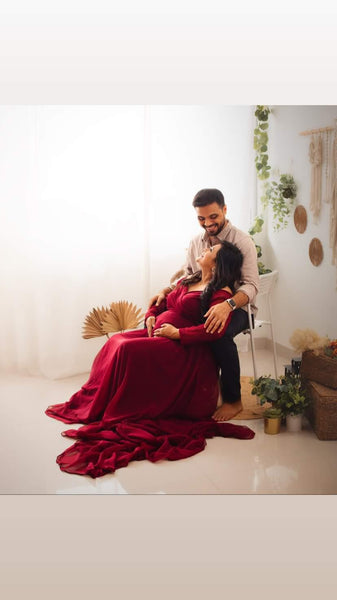 Maroon V-Neck Baby Shower Trail Gown
