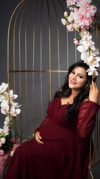 Maroon V-Neck Baby Shower Trail Gown