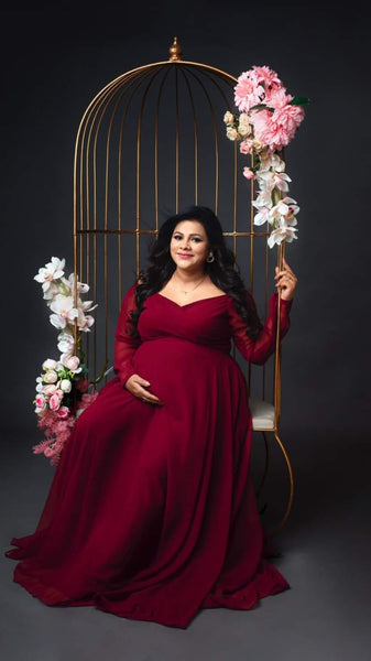 Maroon V-Neck Baby Shower Trail Gown